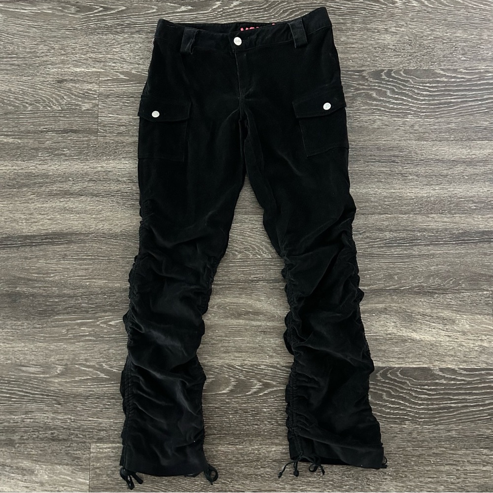 Y2K Younique Black Corduroy Ruched Tie Cargo Pants Size 5 Low Rise Fine Wale 90s